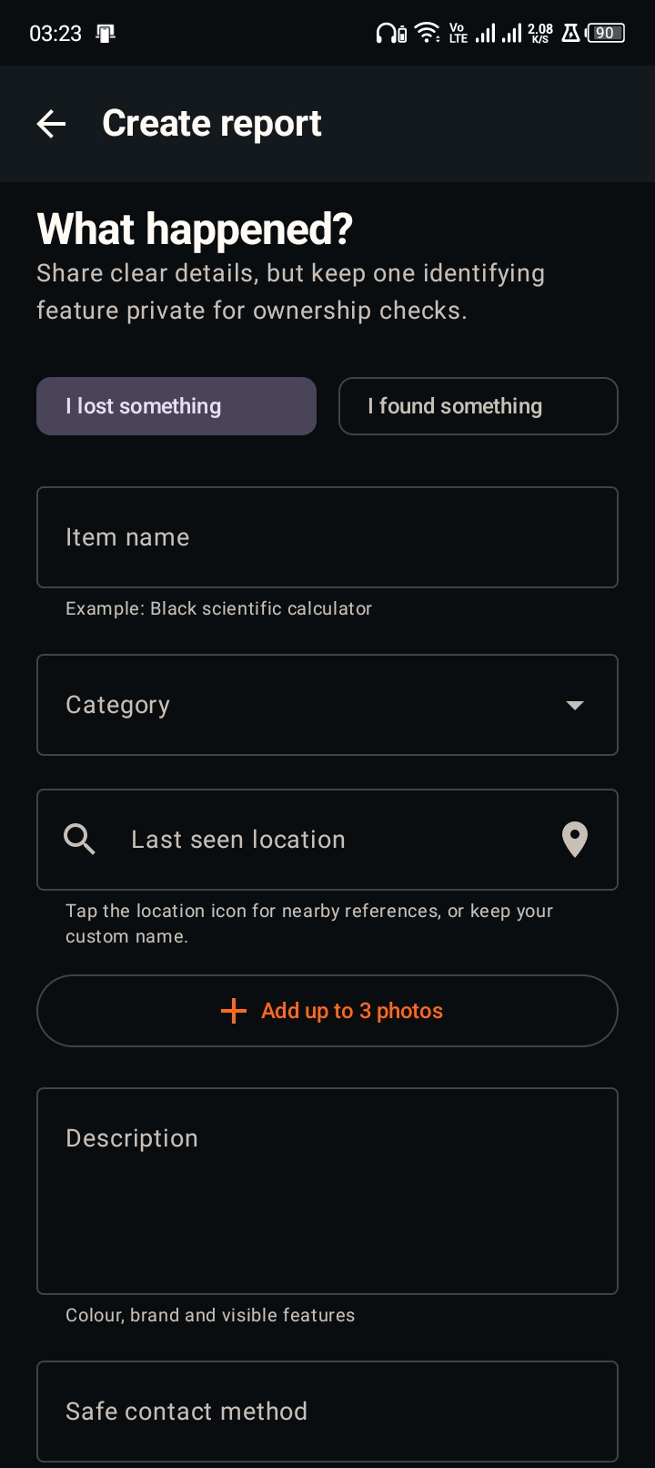 CBU Find create-report form for a lost or found item