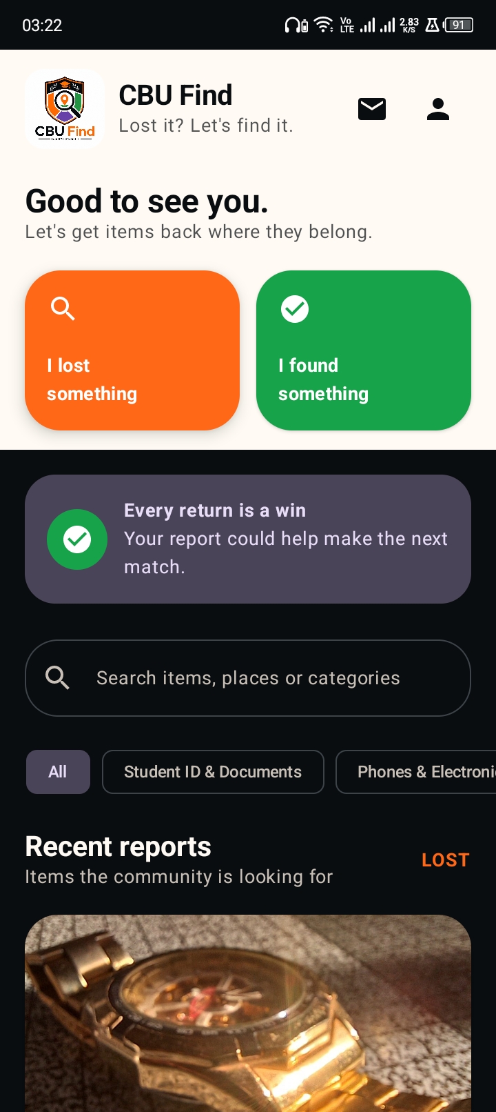 Redesigned CBU Find Android home screen with report actions, search and a recent lost-item report