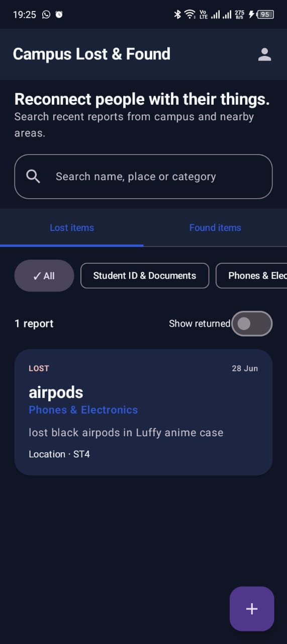 CBU-FIND Android home screen showing a lost-item report