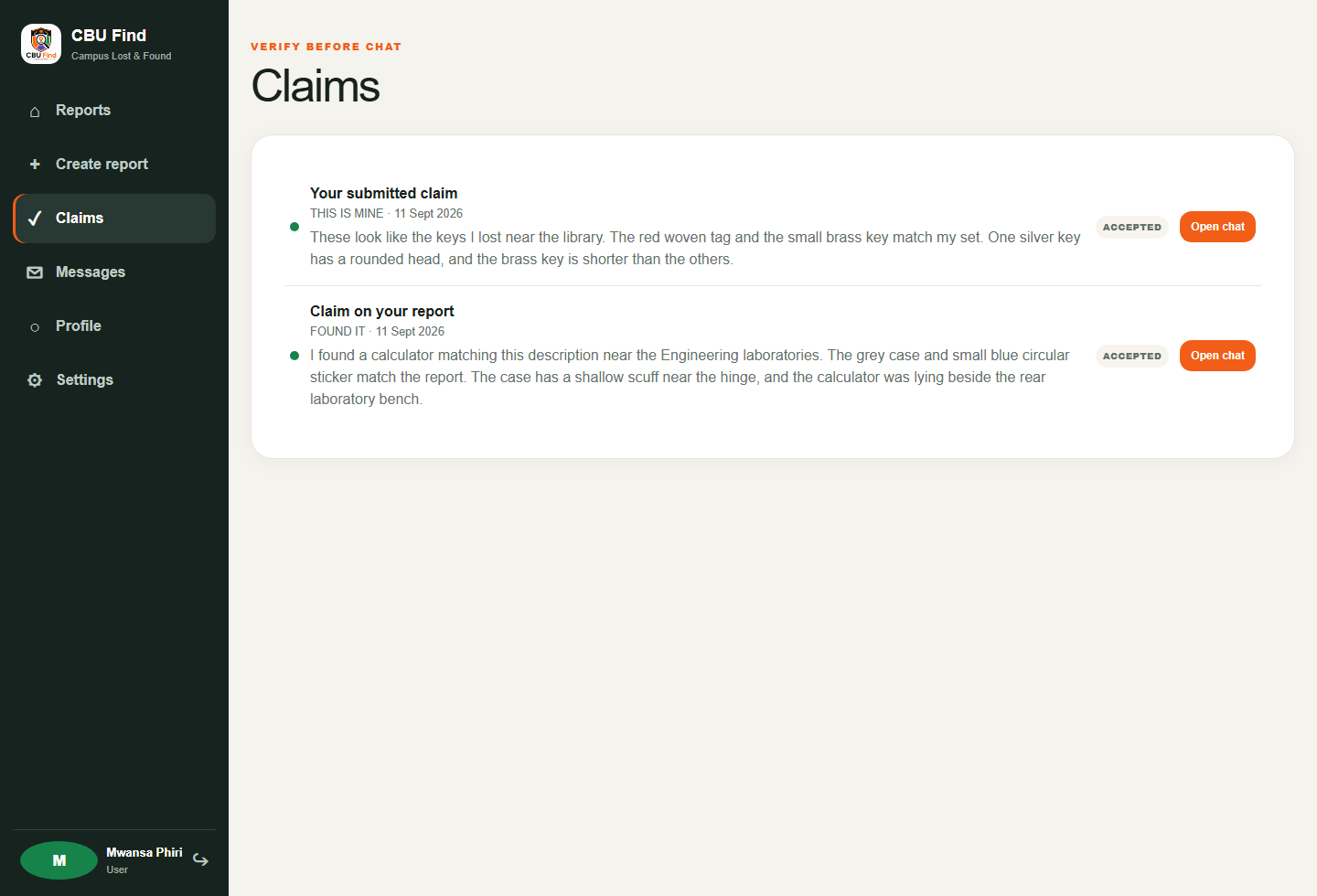 CBU Find claims page showing accepted found-it and ownership claims