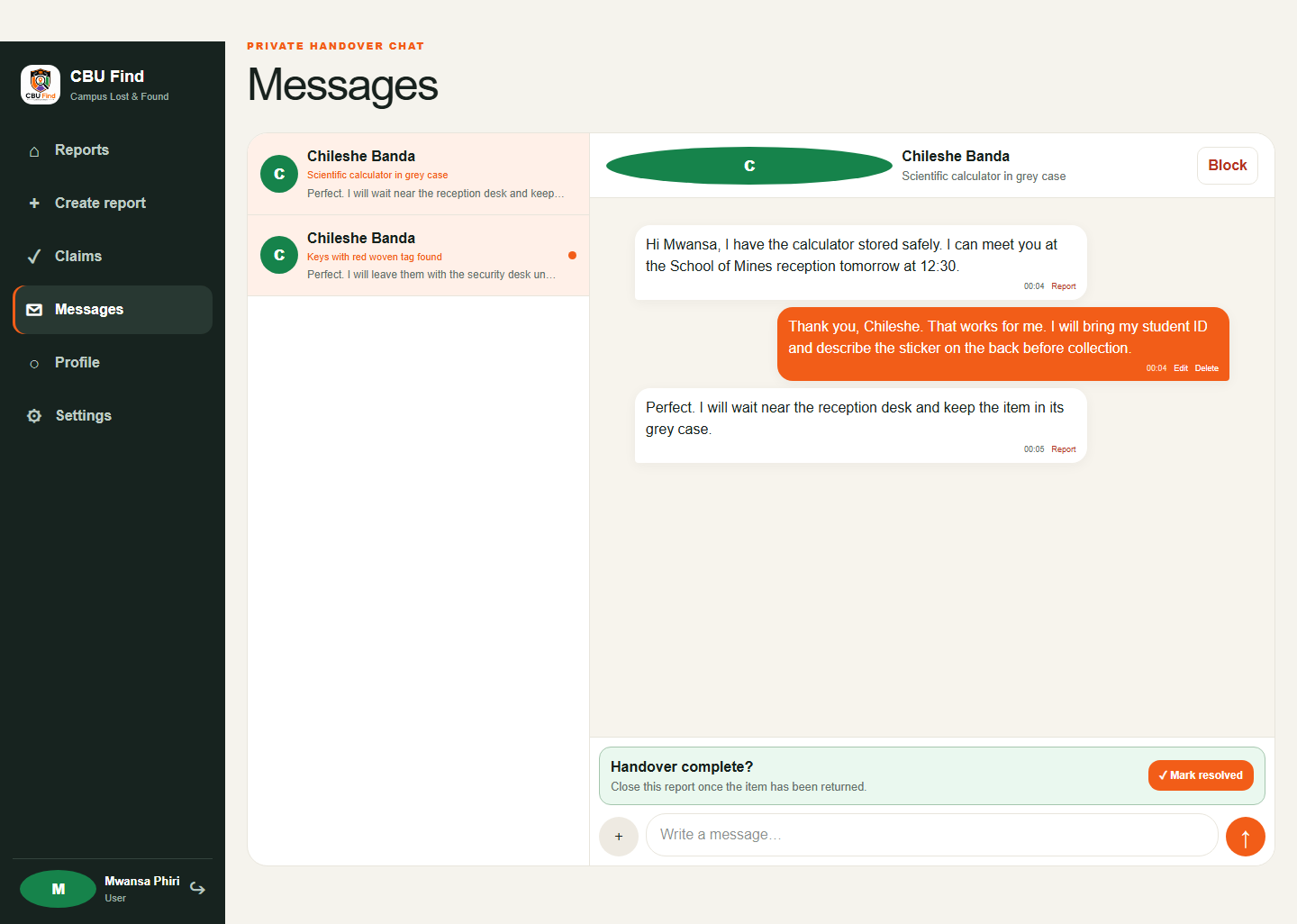 CBU Find private handover conversation with meaningful messages and report resolution control