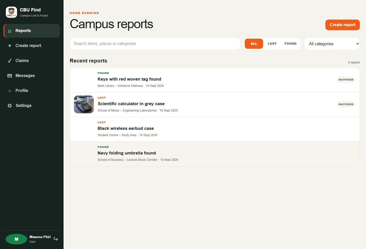 Responsive CBU Find report feed populated with meaningful lost and found items and matched report states