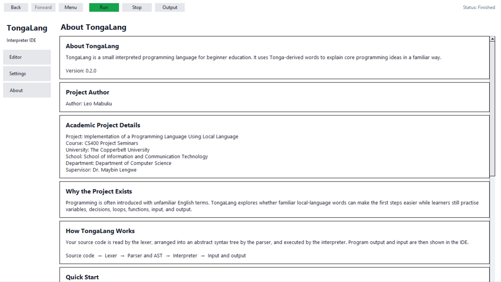 Structured TongaLang About screen with author, academic and project information