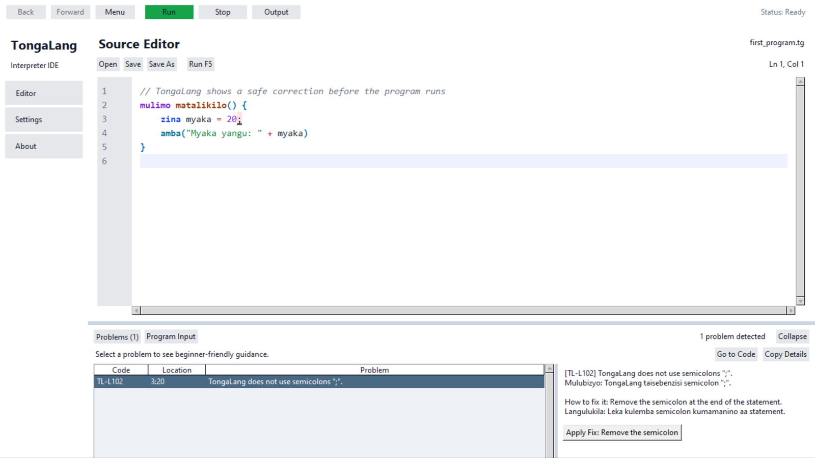 TongaLang Problems dock explaining an unnecessary semicolon and offering a guarded Apply Fix action