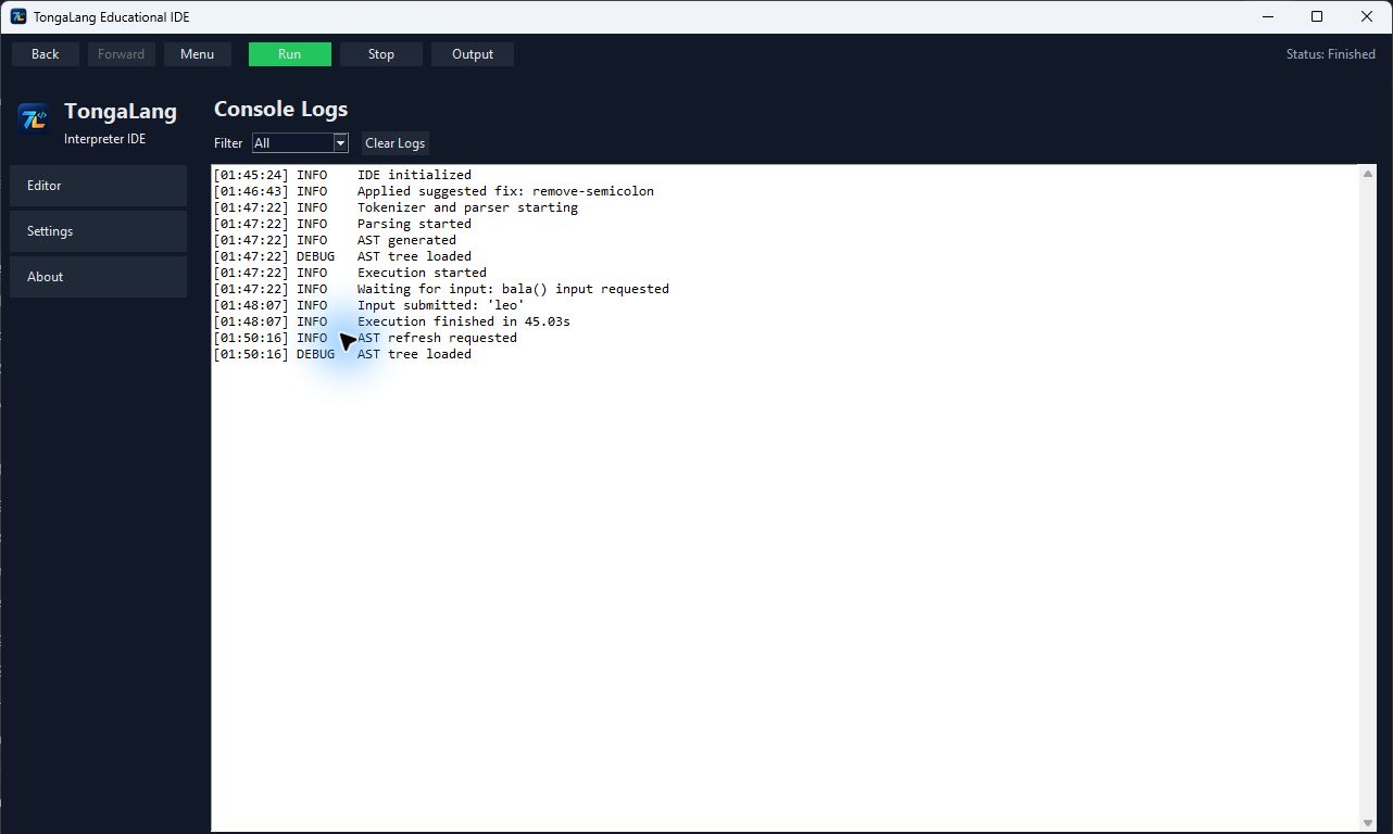 TongaLang internal console showing project and runtime information