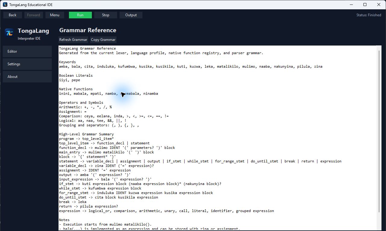 TongaLang Grammar reference showing language rules and keyword examples