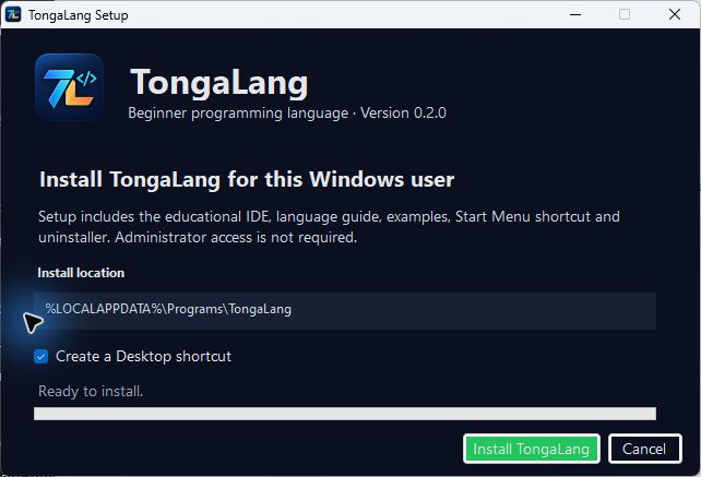 TongaLang Setup selecting a per-user Windows installation folder