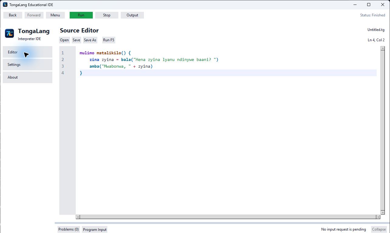 TongaLang source editor using the light theme and semantic reserved-word colours