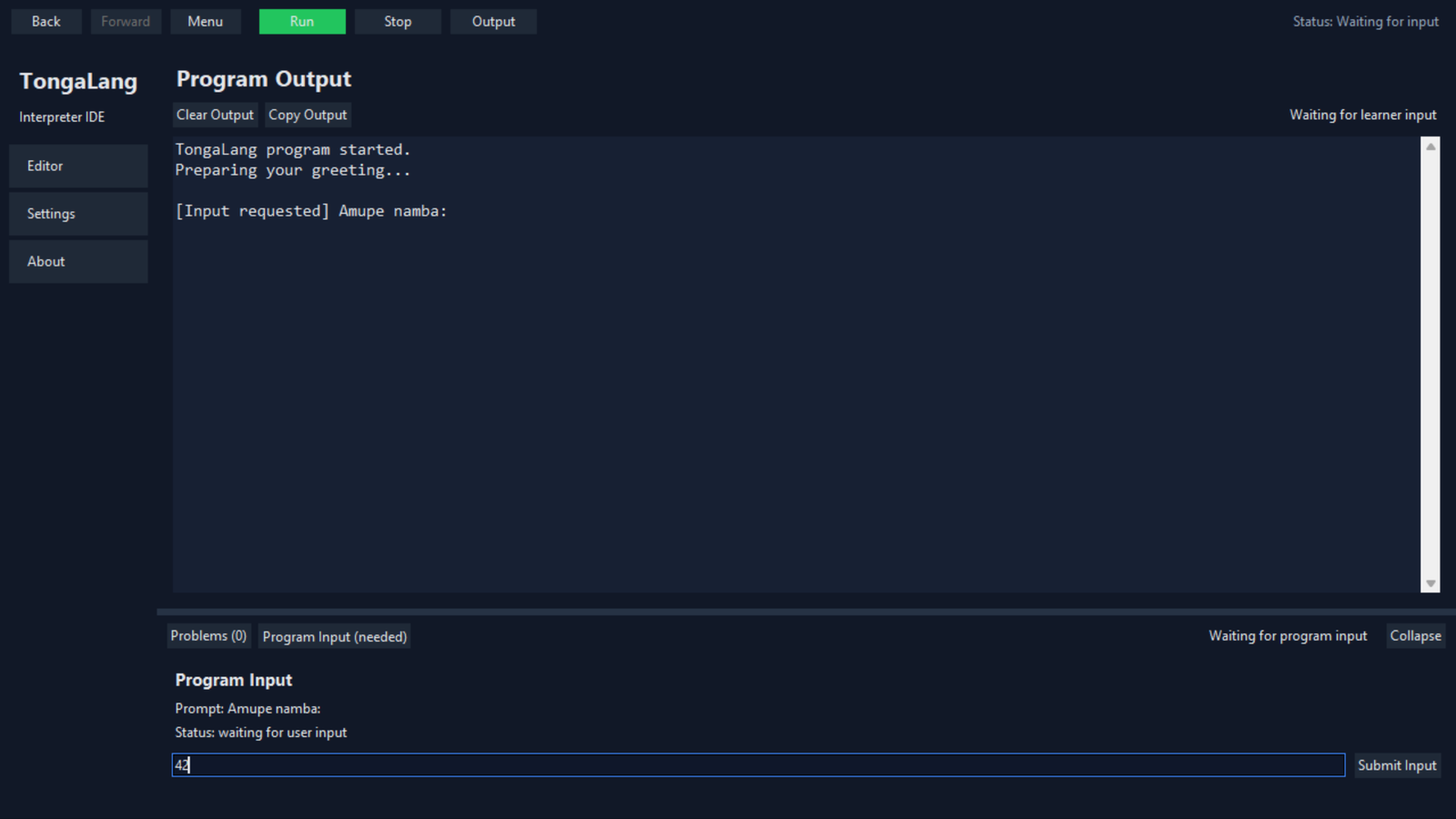 TongaLang Output view with the shared Program Input dock waiting for a bala value