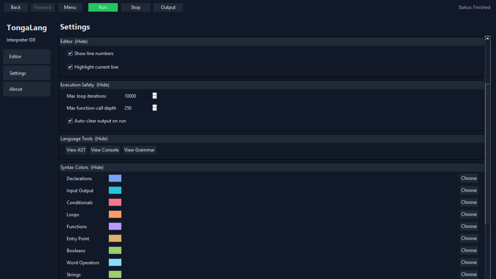 Scrollable TongaLang Settings showing grouped execution controls and semantic syntax colours