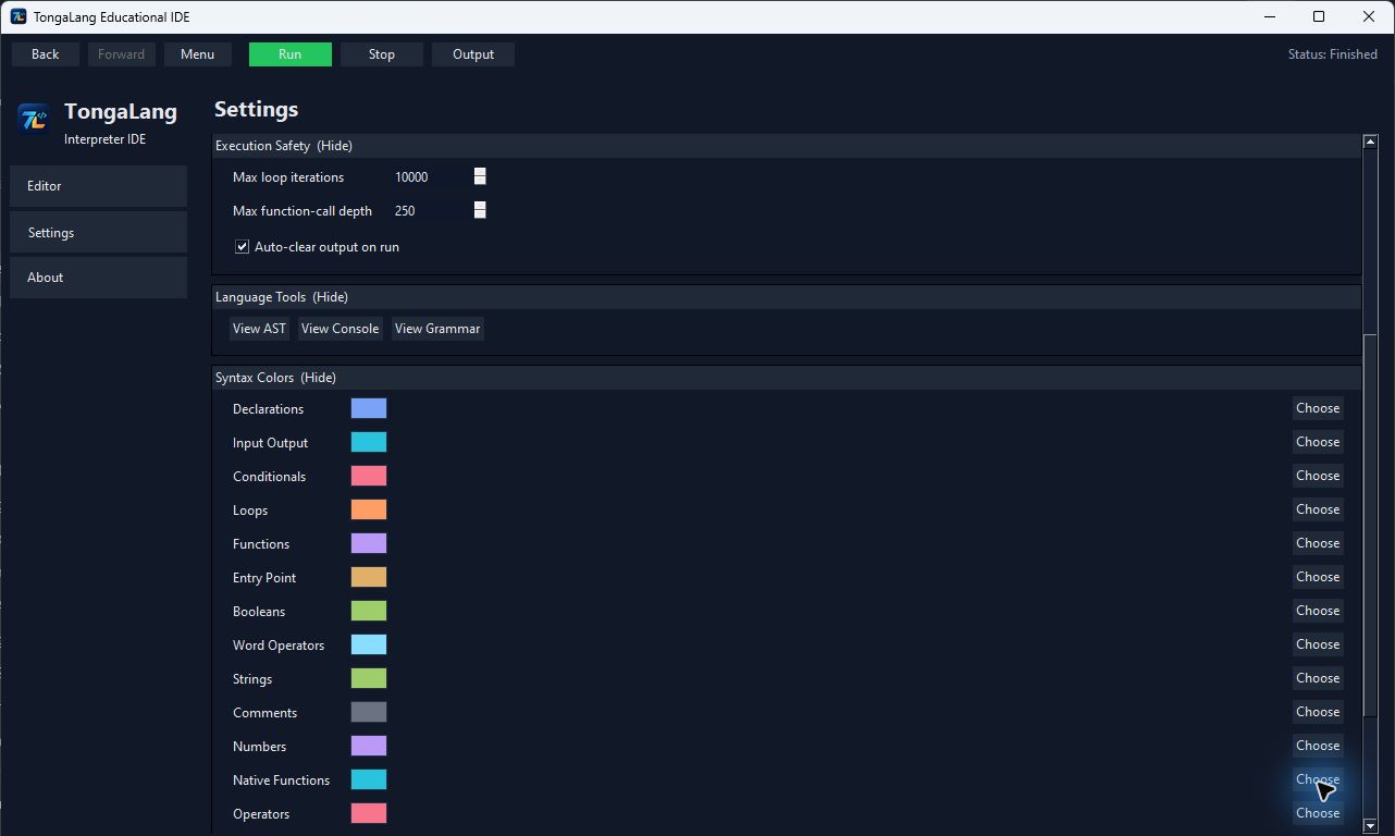 Scrollable TongaLang Settings showing grouped execution controls and semantic syntax colours