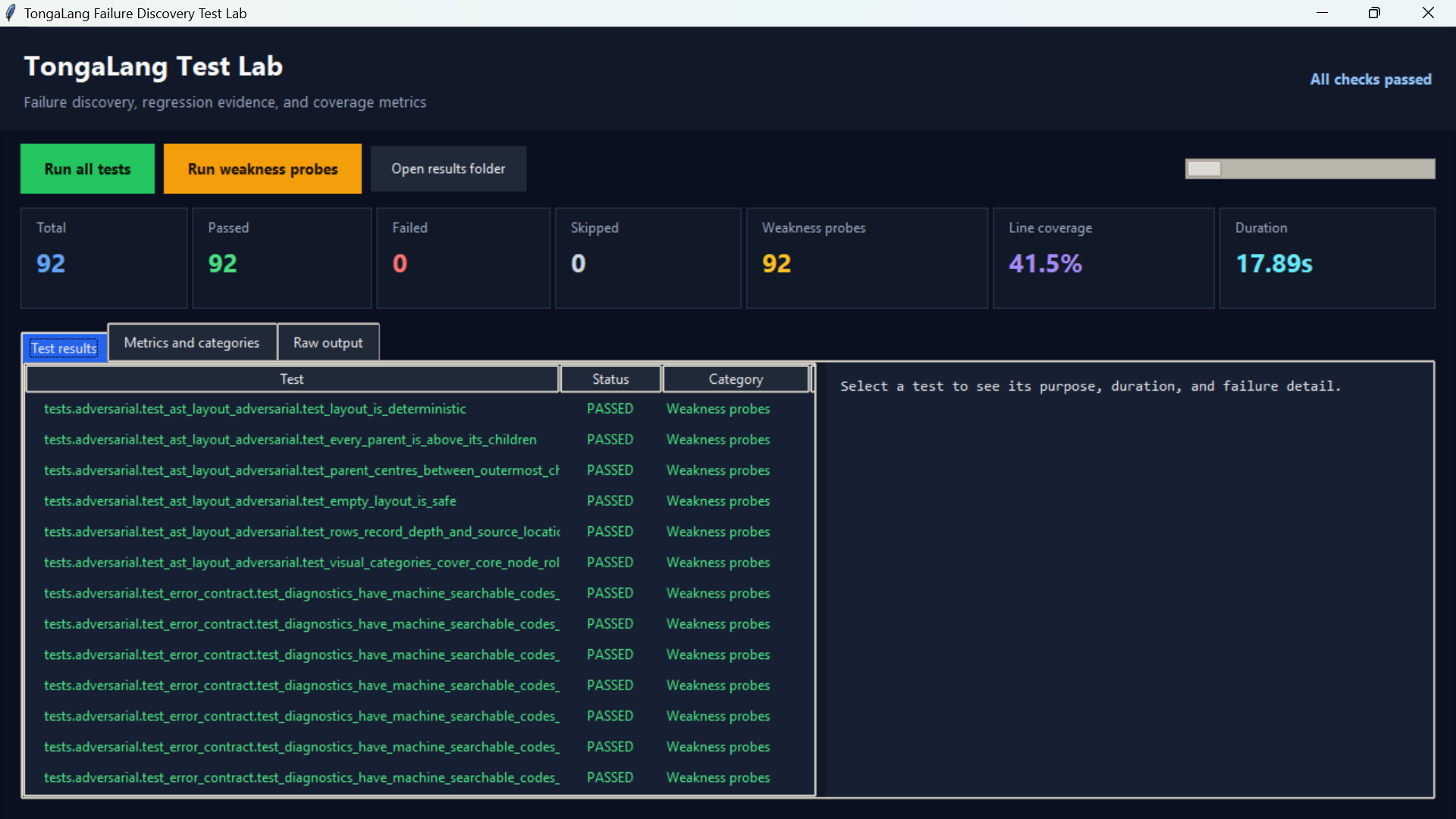TongaLang Test Lab showing all checks passing